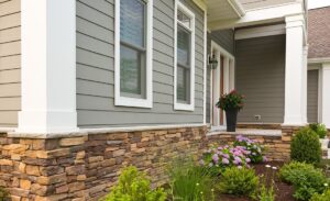 Close-up of home with grey composite siding, white posts, and stone foundation